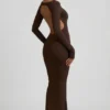 Rochie lungă fără spate cu volane Regine Modal, culoare maro ciocolată Rochie lungă fără spate cu volane Regine Modal, culoare maro ciocolată