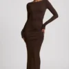 Rochie lungă fără spate cu volane Regine Modal, culoare maro ciocolată Rochie lungă fără spate cu volane Regine Modal, culoare maro ciocolată