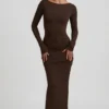 Rochie lungă fără spate cu volane Regine Modal, culoare maro ciocolată Rochie lungă fără spate cu volane Regine Modal, culoare maro ciocolată
