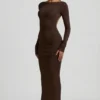 Rochie lungă fără spate cu volane Regine Modal, culoare maro ciocolată Rochie lungă fără spate cu volane Regine Modal, culoare maro ciocolată