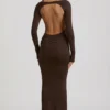 Rochie lungă fără spate cu volane Regine Modal, culoare maro ciocolată Rochie lungă fără spate cu volane Regine Modal, culoare maro ciocolată