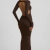 Rochie lungă fără spate cu volane Regine Modal, culoare maro ciocolată Rochie lungă fără spate cu volane Regine Modal, culoare maro ciocolată