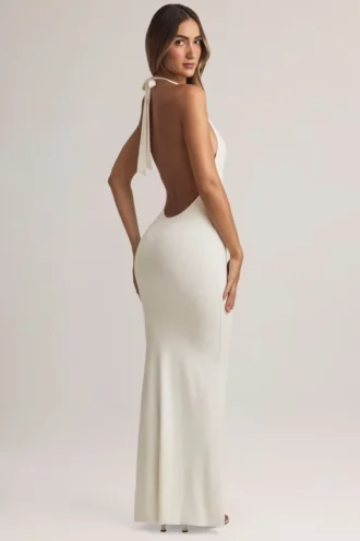 Rochie lungă Hallie din modal cu gât în V, albă Rochie lungă Hallie din modal cu gât în V, albă