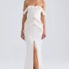 Rochie lungă Hemera cu umeri decupați și volane, de culoare ivoriu Rochie lungă Hemera cu umeri decupați și volane, de culoare ivoriu