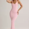 Rochie lungă Imelda din modal, cu spate în formă de U, în nuanța Baby Pink