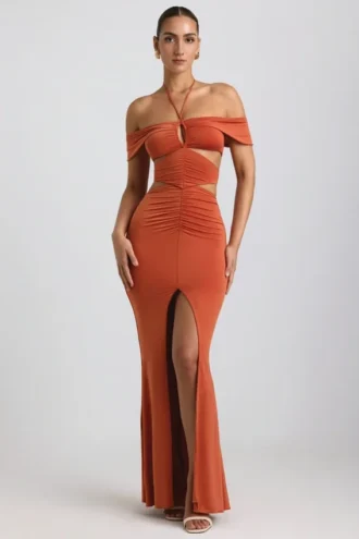 Rochie lungă Karleen din jersey elastic, cu decupaje și gât halter, în culoarea portocaliu ars Rochie lungă Karleen din jersey elastic, cu decupaje și gât halter, în culoarea portocaliu ars