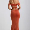 Rochie lungă Karleen din jersey elastic, cu decupaje și gât halter, în culoarea portocaliu ars