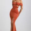 Rochie lungă Karleen din jersey elastic, cu decupaje și gât halter, în culoarea portocaliu ars