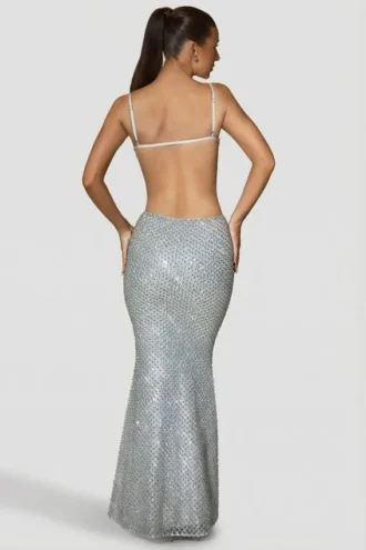 Rochie lungă Katalia cu decupaje și ornamente, argintie Rochie lungă Katalia cu decupaje și ornamente, argintie