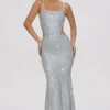 Rochie lungă Katalia cu decupaje și ornamente, argintie Rochie lungă Katalia cu decupaje și ornamente, argintie