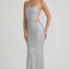 Rochie lungă Katalia cu decupaje și ornamente, argintie Rochie lungă Katalia cu decupaje și ornamente, argintie