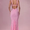 Rochie lungă Lillienne din dantelă cu decolteu în formă de inimă, în roz pudrat