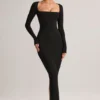 Rochie lungă mulată Lux din modal, cu gât pătrat, în negru Rochie lungă mulată Lux din modal, cu gât pătrat, în negru