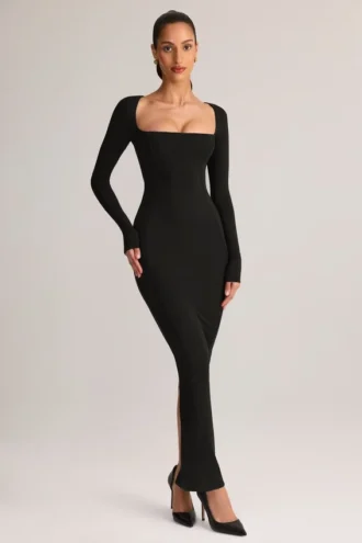 Rochie lungă mulată Lux din modal, cu gât pătrat, în negru Rochie lungă mulată Lux din modal, cu gât pătrat, în negru