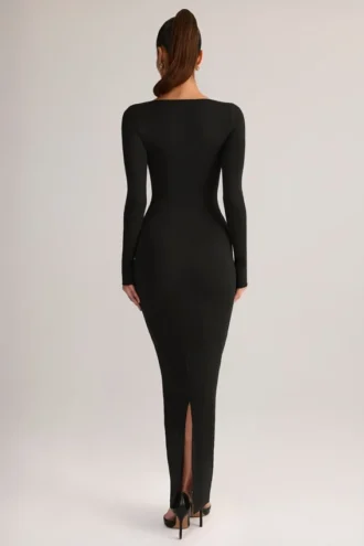 Rochie lungă mulată Lux din modal, cu gât pătrat, în negru Rochie lungă mulată Lux din modal, cu gât pătrat, în negru