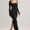 Rochie lungă mulată Lux din modal, cu gât pătrat, în negru Rochie lungă mulată Lux din modal, cu gât pătrat, în negru