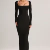 Rochie lungă mulată Lux din modal, cu gât pătrat, în negru Rochie lungă mulată Lux din modal, cu gât pătrat, în negru