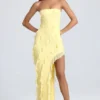 Rochie lungă Nevali cu volane și decolteu bandeau, în culoarea Lemon Sherbet