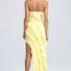 Rochie lungă Nevali cu volane și decolteu bandeau, în culoarea Lemon Sherbet