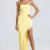 Rochie lungă Nevali cu volane și decolteu bandeau, în culoarea Lemon Sherbet