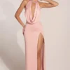 Rochie lungă până la coapse cu guler tip cowl Teodora, în roz pudrat Rochie lungă până la coapse cu guler tip cowl Teodora, în roz pudrat