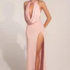 Rochie lungă până la coapse cu guler tip cowl Teodora, în roz pudrat Rochie lungă până la coapse cu guler tip cowl Teodora, în roz pudrat