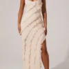 Rochie lungă până la podea cu bretele încrucișate și volane, din calico, culoare ivoriu
