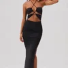 Rochie lungă până la podea cu decupaje și gât halter Oceane, negru