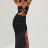 Rochie lungă până la podea cu decupaje și gât halter Oceane, negru
