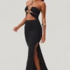 Rochie lungă până la podea cu decupaje și gât halter Oceane, negru