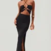 Rochie lungă până la podea cu decupaje și gât halter Oceane, negru