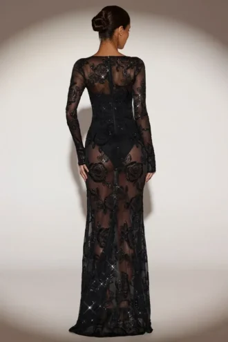 Rochie lungă tip corset cu body-ură transparentă și ornamente Nazara, în culoarea Black Rochie lungă tip corset cu body-ură transparentă și ornamente Nazara, în culoarea Black