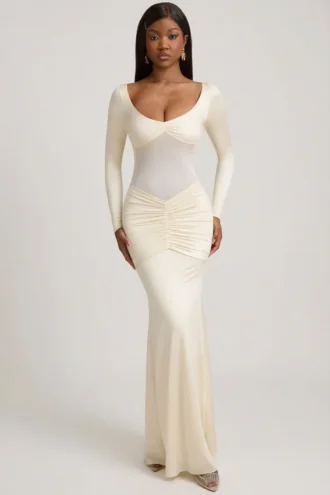 Rochie maxi Alila cu detalii cu fundă și volane, în culoarea Ivory Rochie maxi Alila cu detalii cu fundă și volane, în culoarea Ivory
