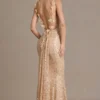Rochie maxi Ariette Premium cu spate decupat, în culoarea auriu