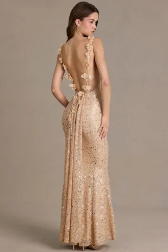 Rochie maxi Ariette Premium cu spate decupat, în culoarea auriu Rochie maxi Ariette Premium cu spate decupat, în culoarea auriu