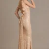 Rochie maxi Ariette Premium cu spate decupat, în culoarea auriu