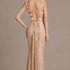 Rochie maxi Ariette Premium cu spate decupat, în culoarea auriu