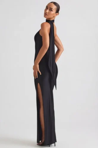 Rochie maxi asimetrică cu detaliu eșarfă Sheril, negru