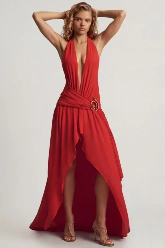 Rochie maxi asimetrică cu gât halter Oliana în roșu chili