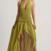 Rochie maxi asimetrică cu gât halter Oliana, verde măslin