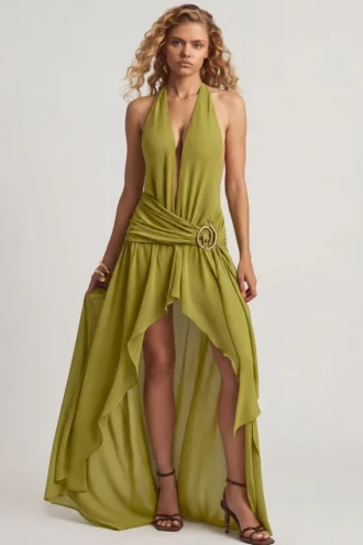 Rochie maxi asimetrică cu gât halter Oliana, verde măslin