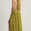 Rochie maxi asimetrică cu gât halter Oliana, verde măslin