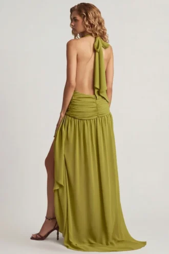 Rochie maxi asimetrică cu gât halter Oliana, verde măslin