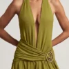 Rochie maxi asimetrică cu gât halter Oliana, verde măslin