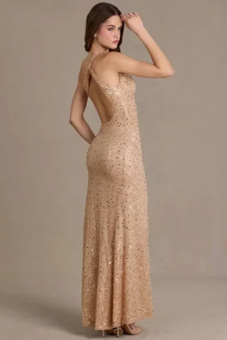 Rochie maxi asimetrică cu un umăr, cu ornamente Violette, în bej auriu
