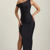 Rochie maxi asimetrică cu un umăr, cu volane, Akeeva, negru Rochie maxi asimetrică cu un umăr, cu volane, Akeeva, negru