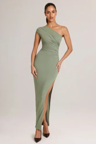 Rochie maxi asimetrică cu volane Maude din modal, în culoarea verde salvie Rochie maxi asimetrică cu volane Maude din modal, în culoarea verde salvie