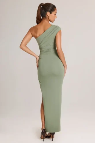 Rochie maxi asimetrică cu volane Maude din modal, în culoarea verde salvie Rochie maxi asimetrică cu volane Maude din modal, în culoarea verde salvie