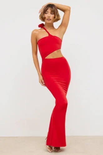 Rochie maxi asimetrică din jersey Kalina  în roșu stacojiu