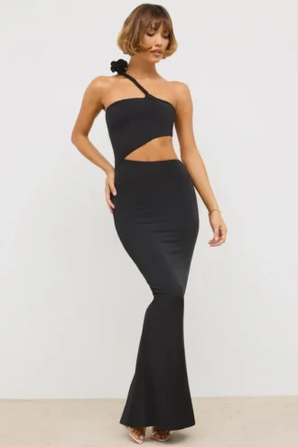 Rochie maxi asimetrică din jersey Kalina, negru